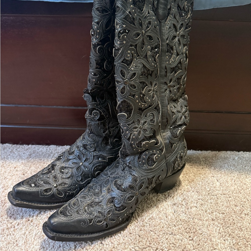 Embroidered Black Heeled Boots - image 1
